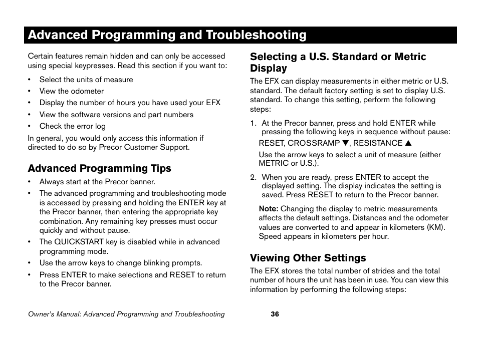 Advanced programming and troubleshooting, Advanced programming tips, Selecting a u.s. standard or metric display | Viewing other settings | Precor EFX 5.25 User Manual | Page 52 / 64