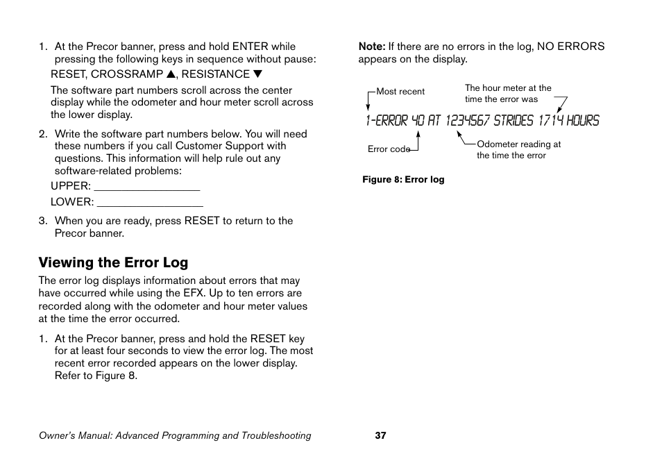 Viewing the error log | Precor EFX 5.25 User Manual | Page 53 / 64