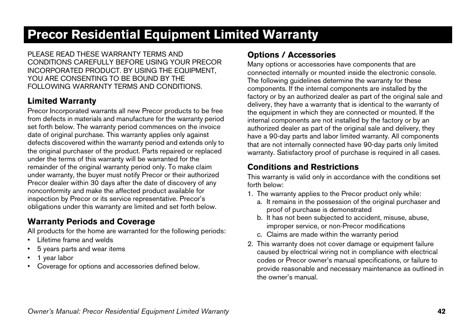 Precor residential equipment limited warranty | Precor EFX 5.25 User Manual | Page 58 / 64