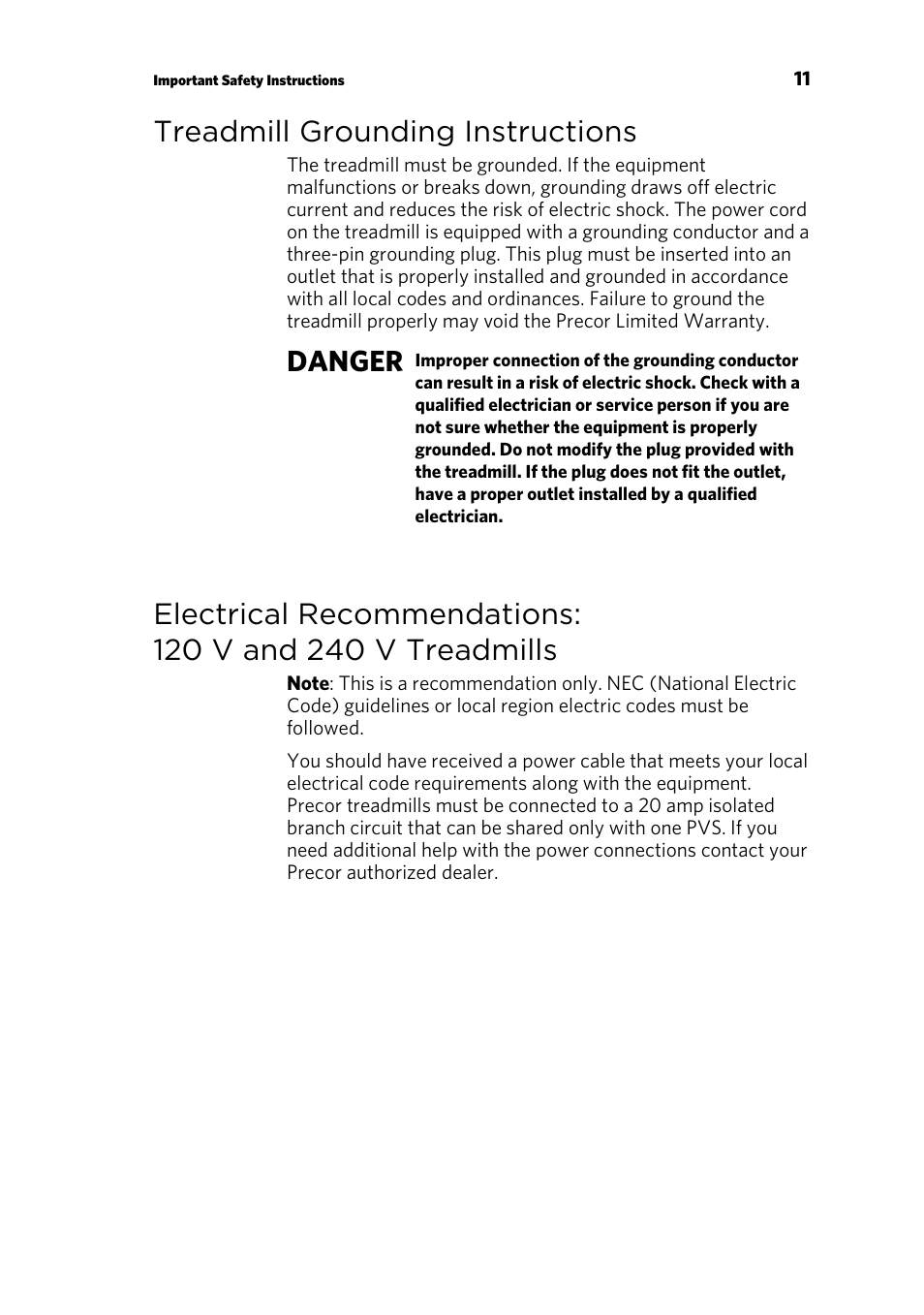 Treadmill grounding instructions, Danger | Precor TRM 800 User Manual | Page 13 / 64