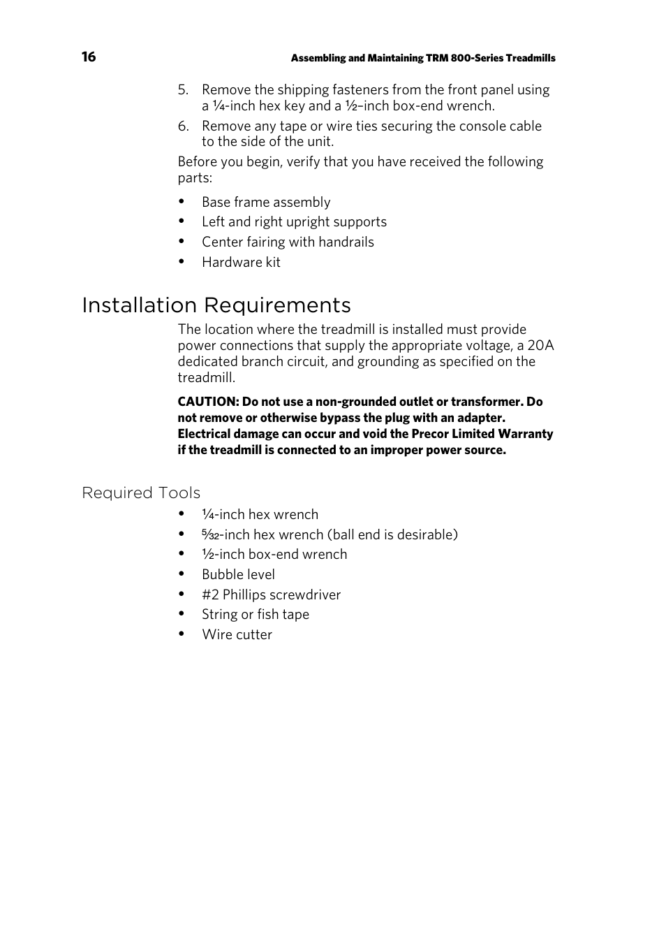 Installation requirements, Required tools | Precor TRM 800 User Manual | Page 18 / 64