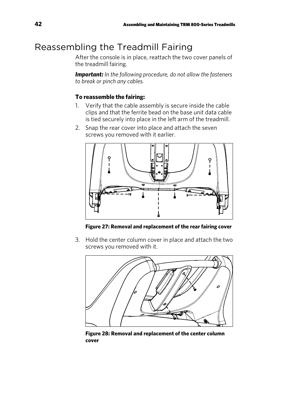 Reassembling the treadmill fairing | Precor TRM 800 User Manual | Page 44 / 64