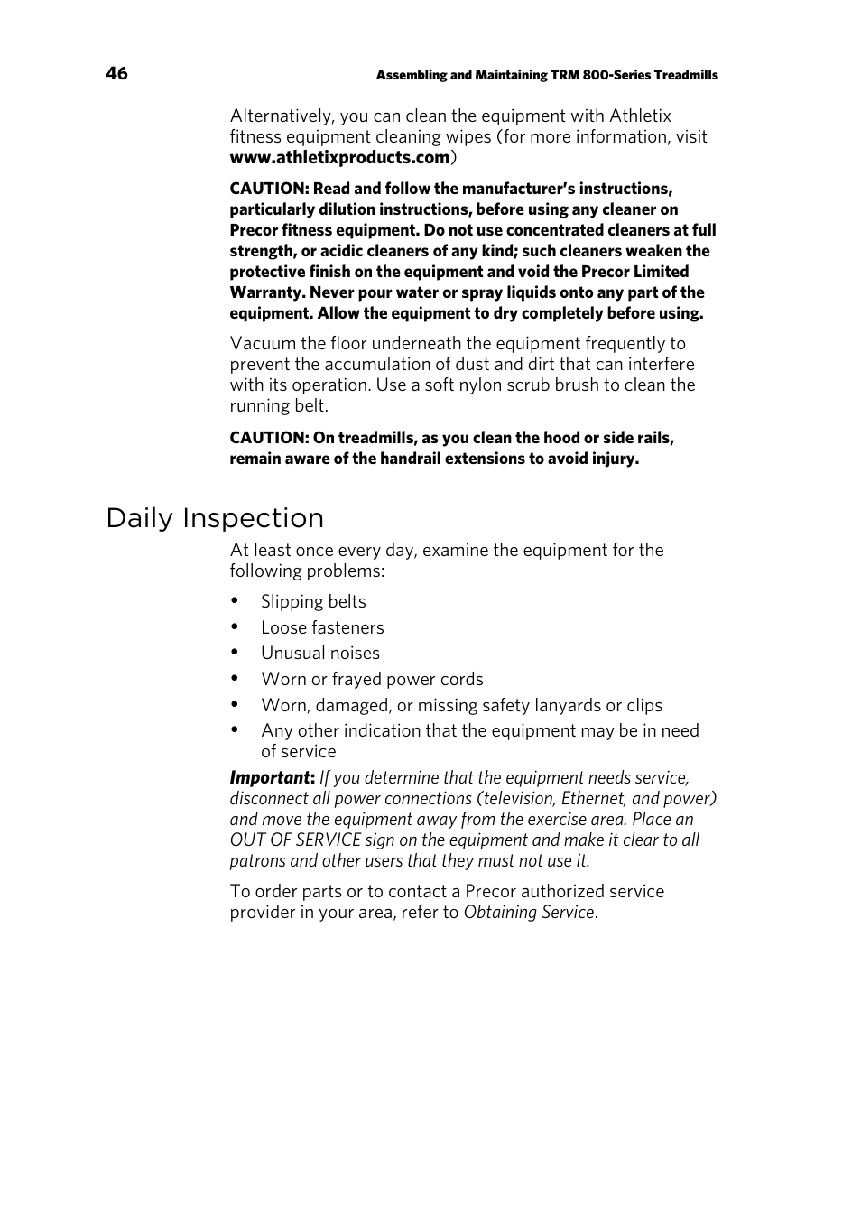 Daily inspection | Precor TRM 800 User Manual | Page 48 / 64