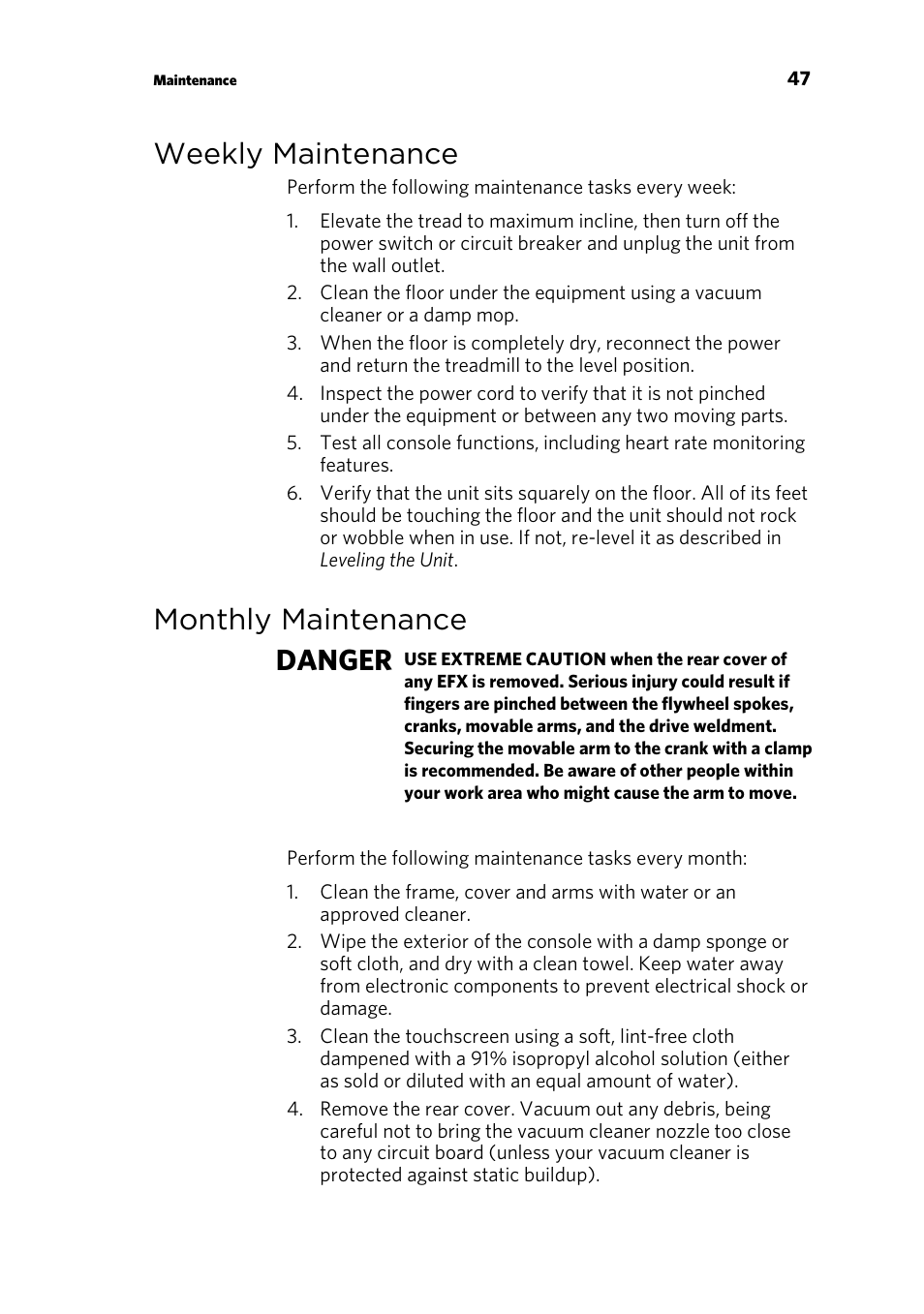 Weekly maintenance, Monthly maintenance, Monthly maintenance danger | Precor TRM 800 User Manual | Page 49 / 64
