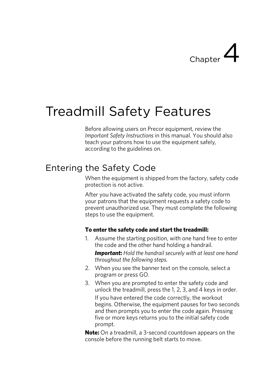 Treadmill safety features, Entering the safety code | Precor TRM 800 User Manual | Page 55 / 64