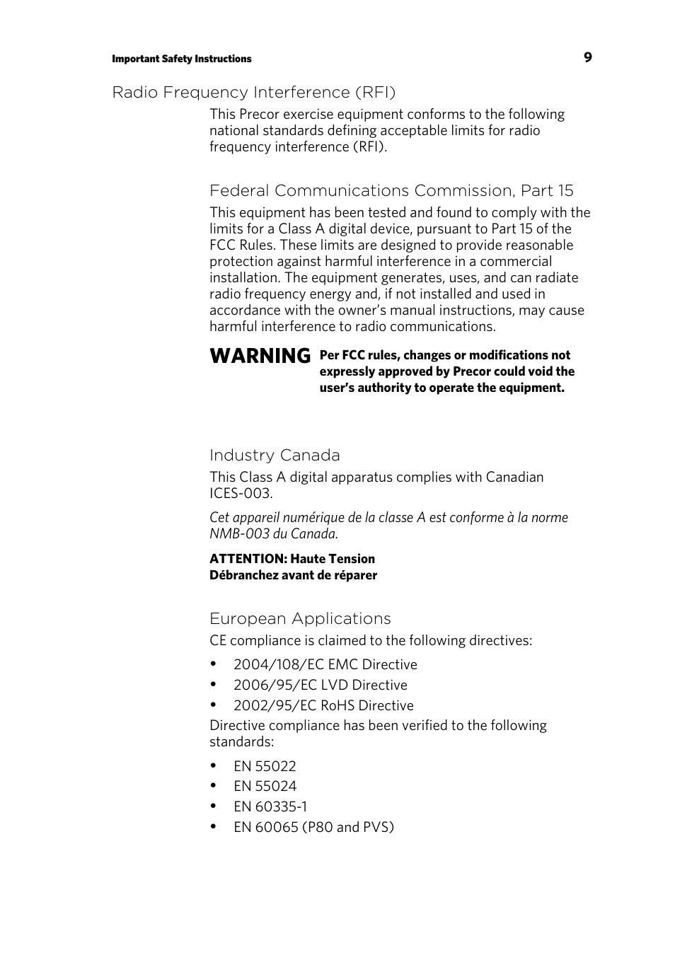 Radio frequency interference (rfi), Warning | Precor RBK 800 User Manual | Page 11 / 52