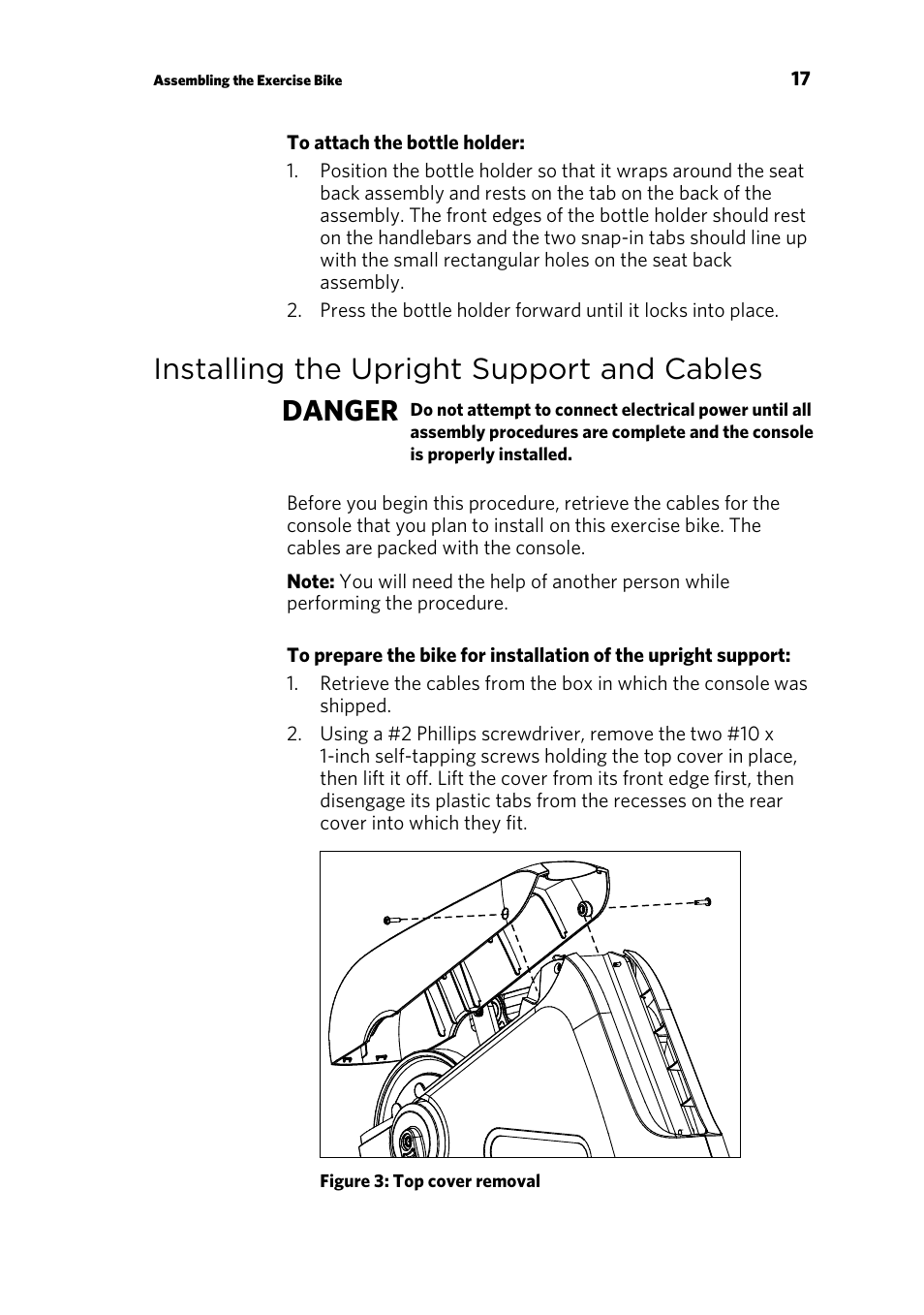 Installing the upright support and cables, Installing the upright support and cables danger | Precor RBK 800 User Manual | Page 19 / 52