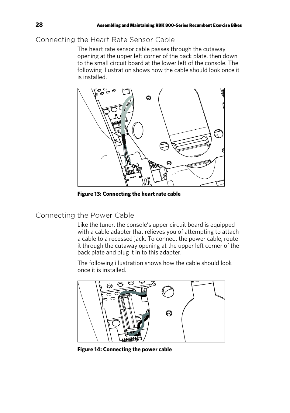 Connecting the heart rate sensor cable, Connecting the power cable | Precor RBK 800 User Manual | Page 30 / 52