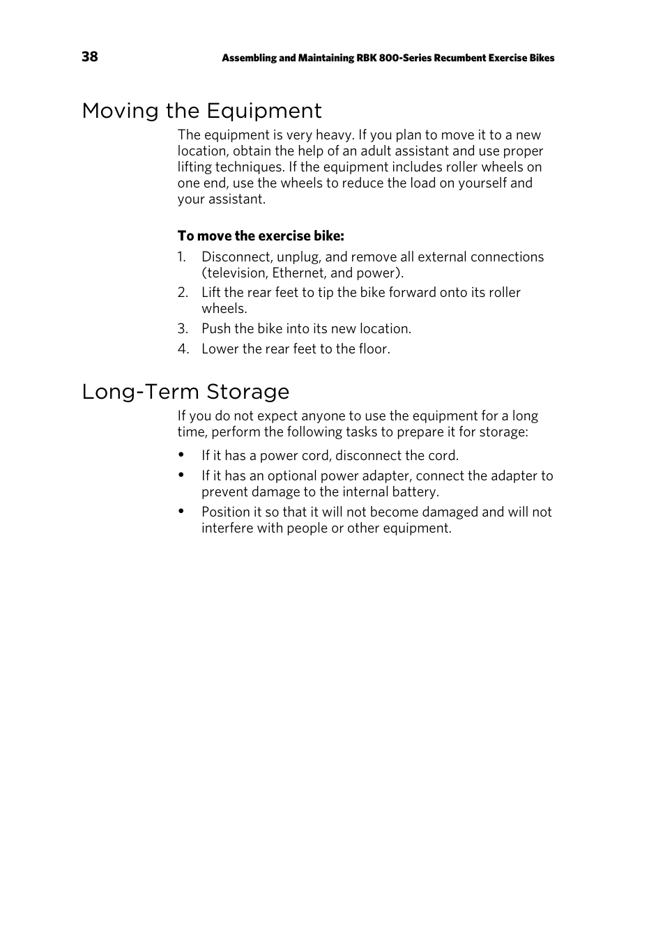 Moving the equipment, Long-term storage | Precor RBK 800 User Manual | Page 40 / 52