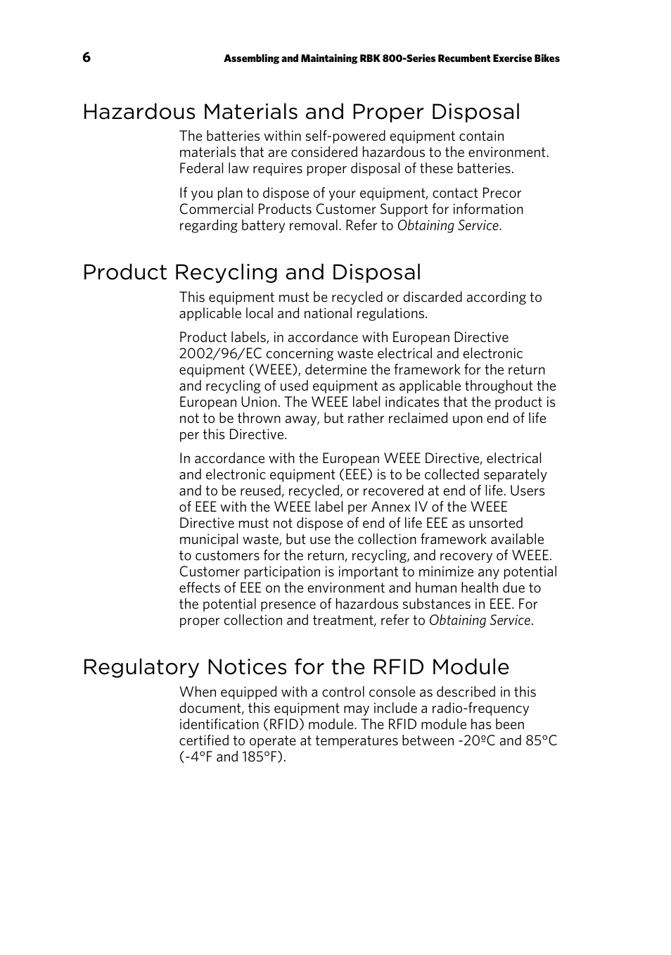 Hazardous materials and proper disposal, Product recycling and disposal, Regulatory notices for the rfid module | Precor RBK 800 User Manual | Page 8 / 52