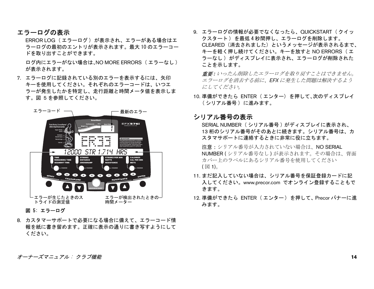 エラーログの表示, シリアル番号の表示, オーナーズマニュアル : クラブ機能 14 | 図 5: エラーログ | Precor EFX 556i User Manual | Page 16 / 70