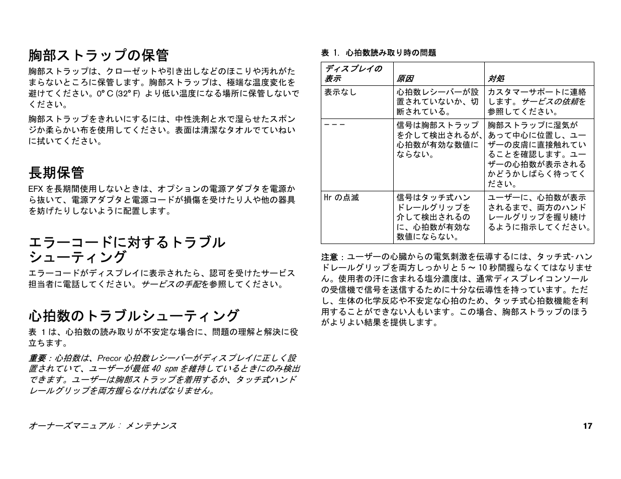 胸部ストラップの保管, 長期保管, エラーコードに対するトラブル シューティング | 心拍数のトラブルシューティング, エラーコードに対するトラブルシューティング | Precor EFX 556i User Manual | Page 19 / 70