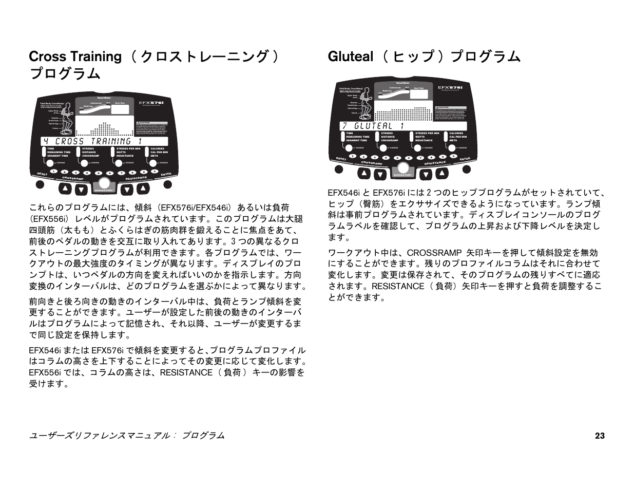 Cross training ( クロストレーニング) プログラム, Gluteal ( ヒップ) プログラム, Cross training | Gluteal, Cross training ( クロストレーニング ) プログラム, Gluteal ( ヒップ ) プログラム, ユーザーズリファレンスマニュアル : プログラム 23 | Precor EFX 556i User Manual | Page 47 / 70