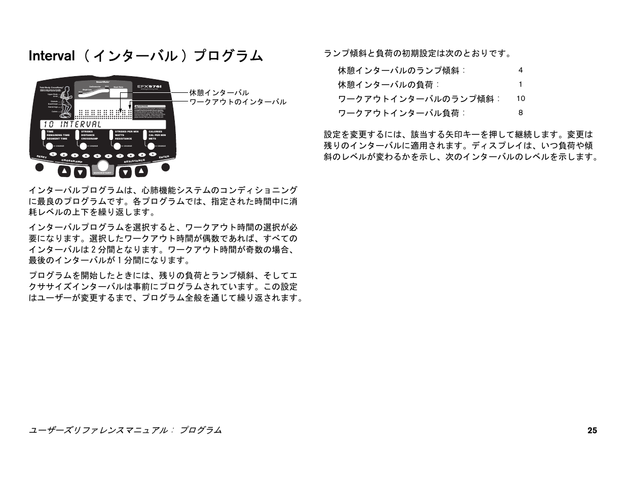 Interval ( インターバル) プログラム, Interval, Interval ( インターバル ) プログラム | ユーザーズリファレンスマニュアル : プログラム 25, 休憩インターバルのランプ傾斜, 休憩インターバルの負荷, ワークアウトインターバルのランプ傾斜, ワークアウトインターバル負荷 | Precor EFX 556i User Manual | Page 49 / 70