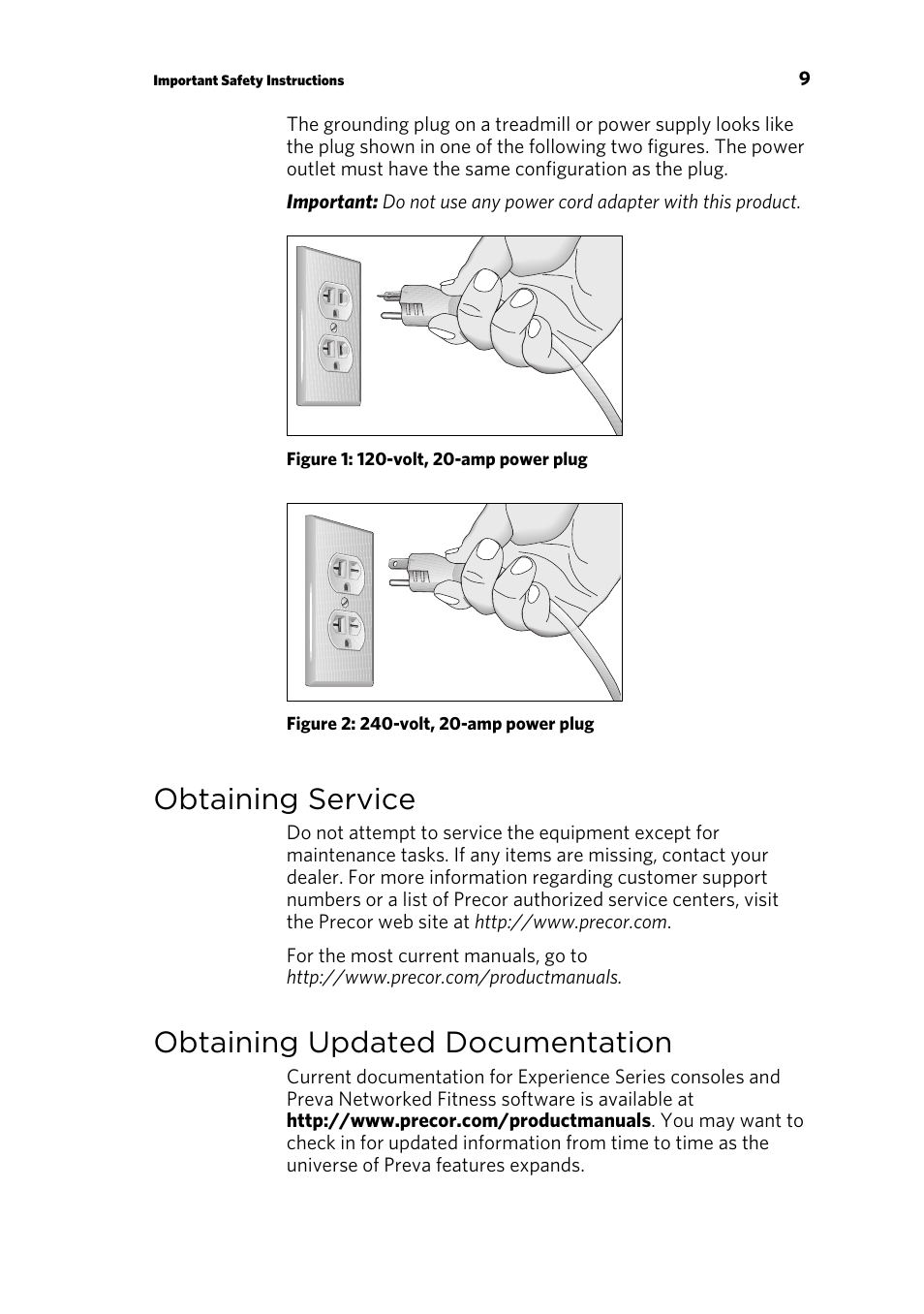 Obtaining service, Obtaining updated documentation | Precor EFX 821 User Manual | Page 11 / 48