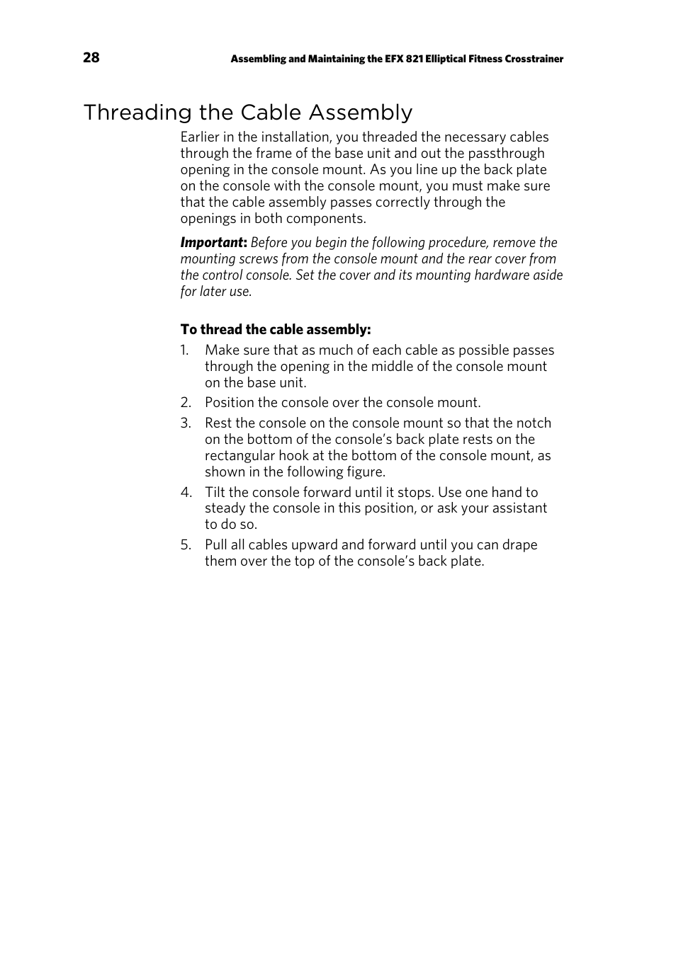 Threading the cable assembly | Precor EFX 821 User Manual | Page 30 / 48