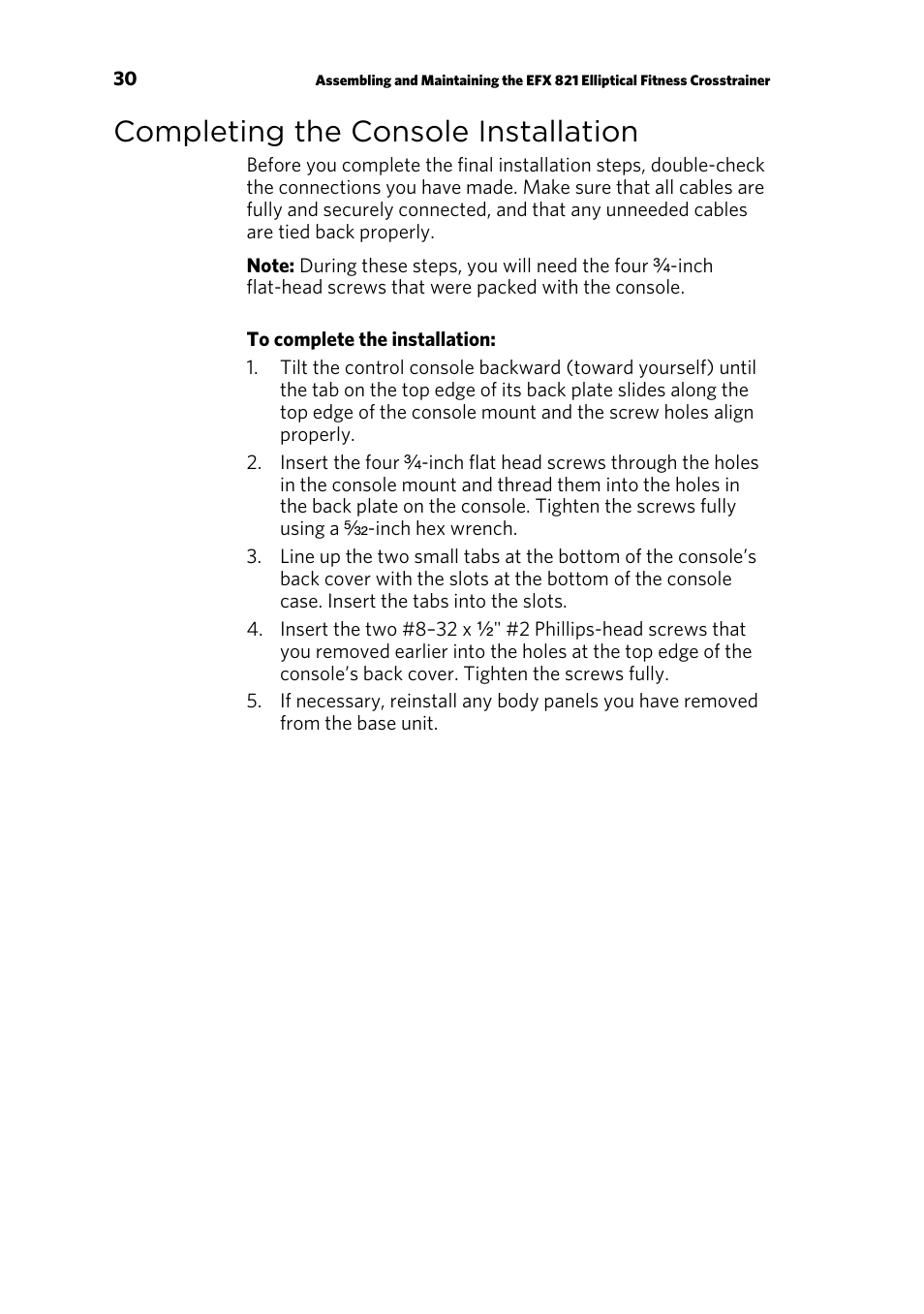 Completing the console installation | Precor EFX 821 User Manual | Page 32 / 48