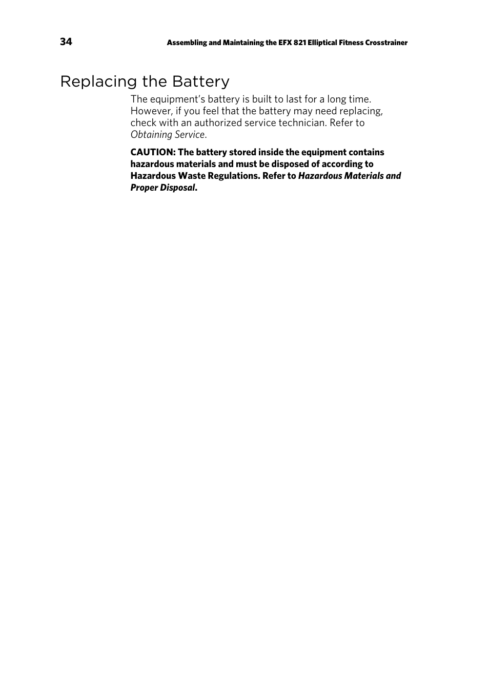 Replacing the battery | Precor EFX 821 User Manual | Page 36 / 48