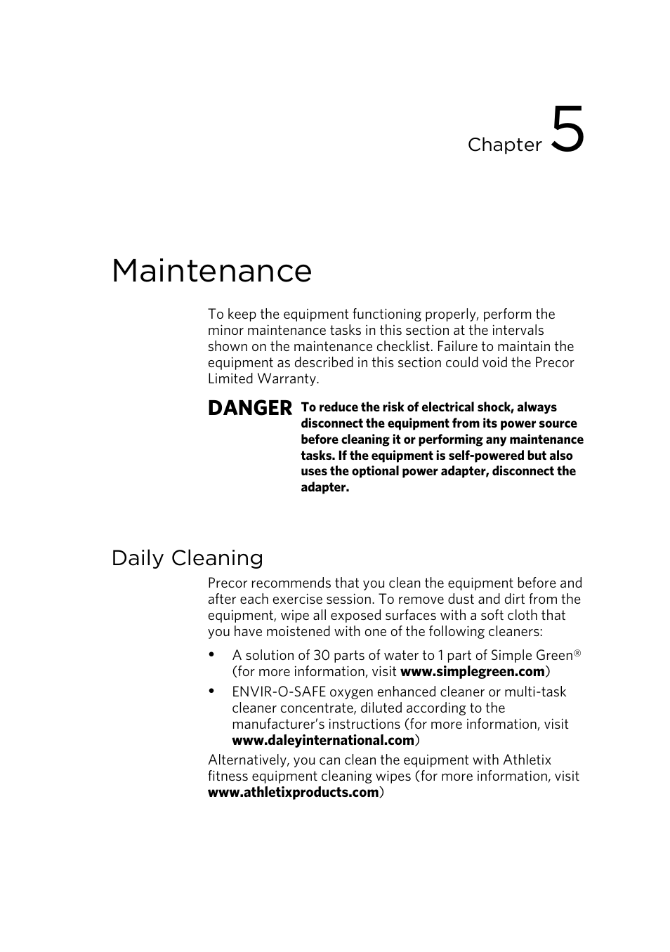 Maintenance, Danger, Daily cleaning | Precor EFX 821 User Manual | Page 37 / 48