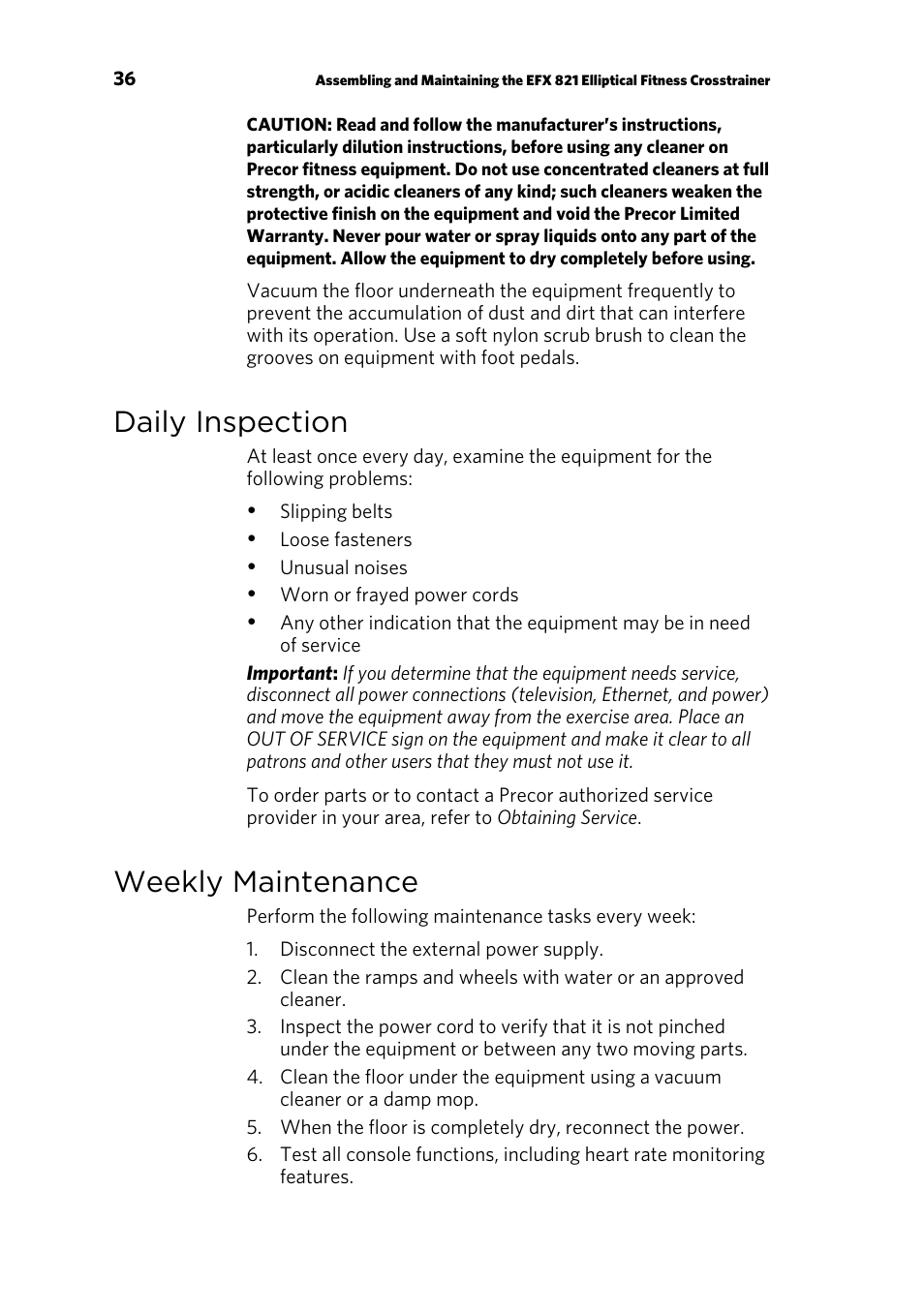 Daily inspection, Weekly maintenance | Precor EFX 821 User Manual | Page 38 / 48