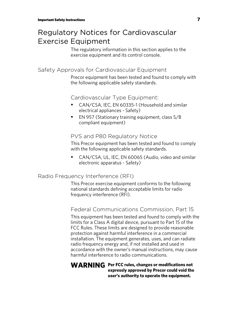 Warning | Precor EFX 821 User Manual | Page 9 / 48