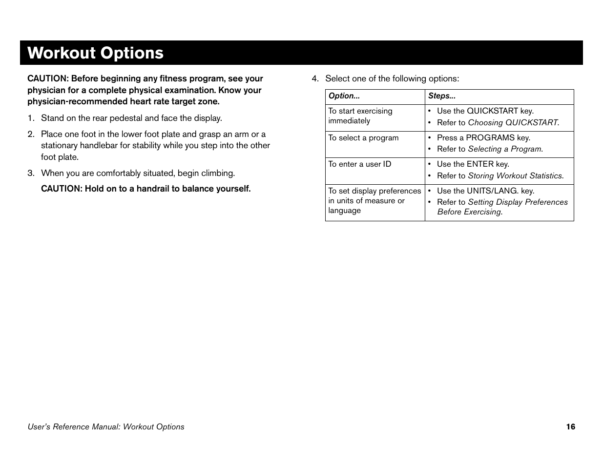 Workout options | Precor Commercial Adaptive Motion Trainer C100i User Manual | Page 18 / 36