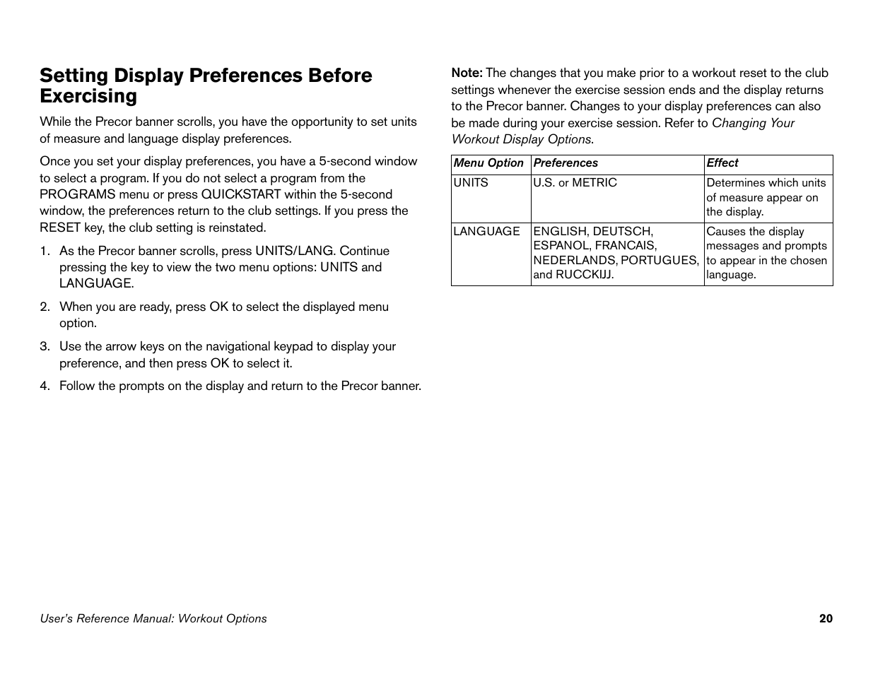 Setting display preferences before exercising | Precor Commercial Adaptive Motion Trainer C100i User Manual | Page 22 / 36