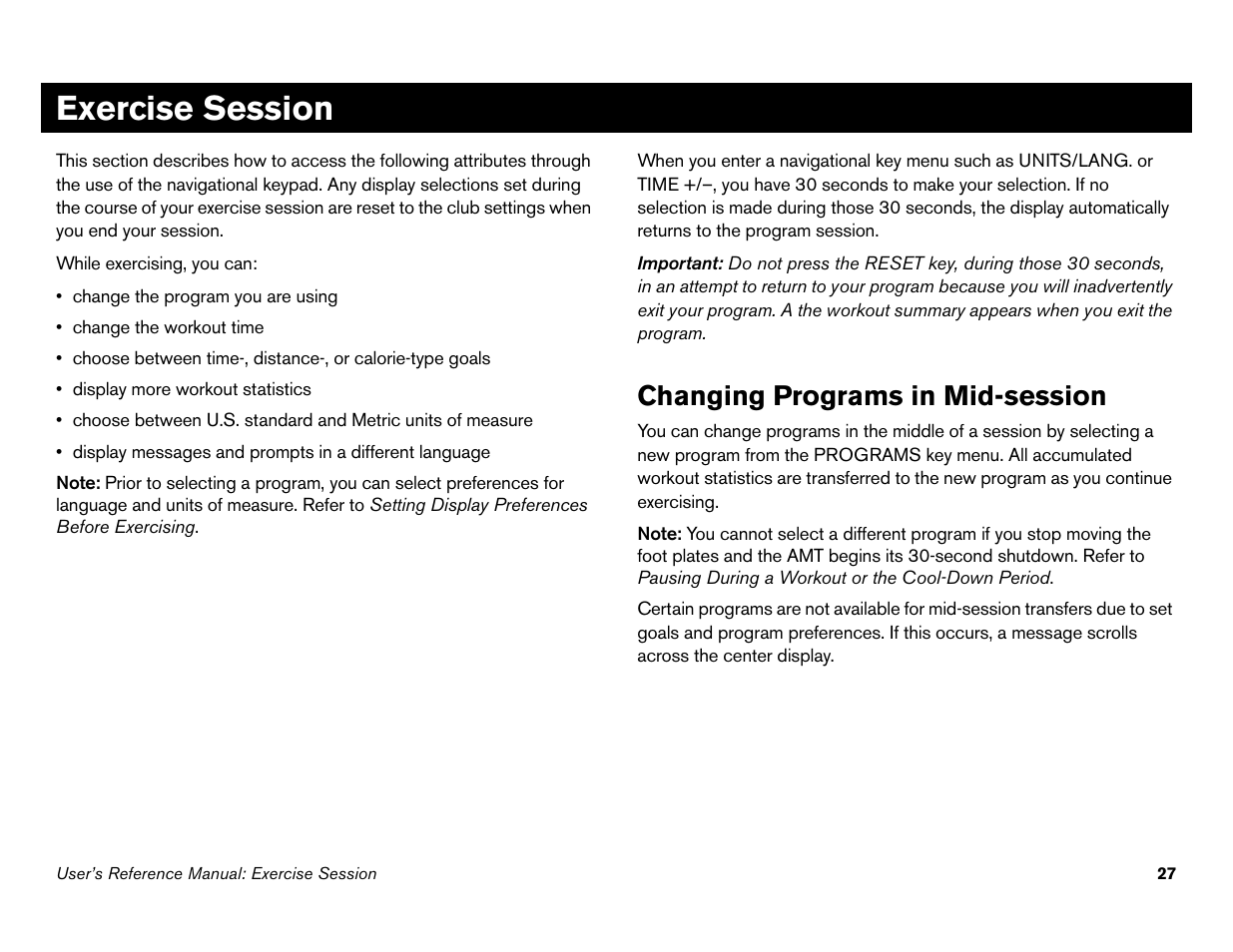 Exercise session, Changing programs in mid-session | Precor Commercial Adaptive Motion Trainer C100i User Manual | Page 29 / 36