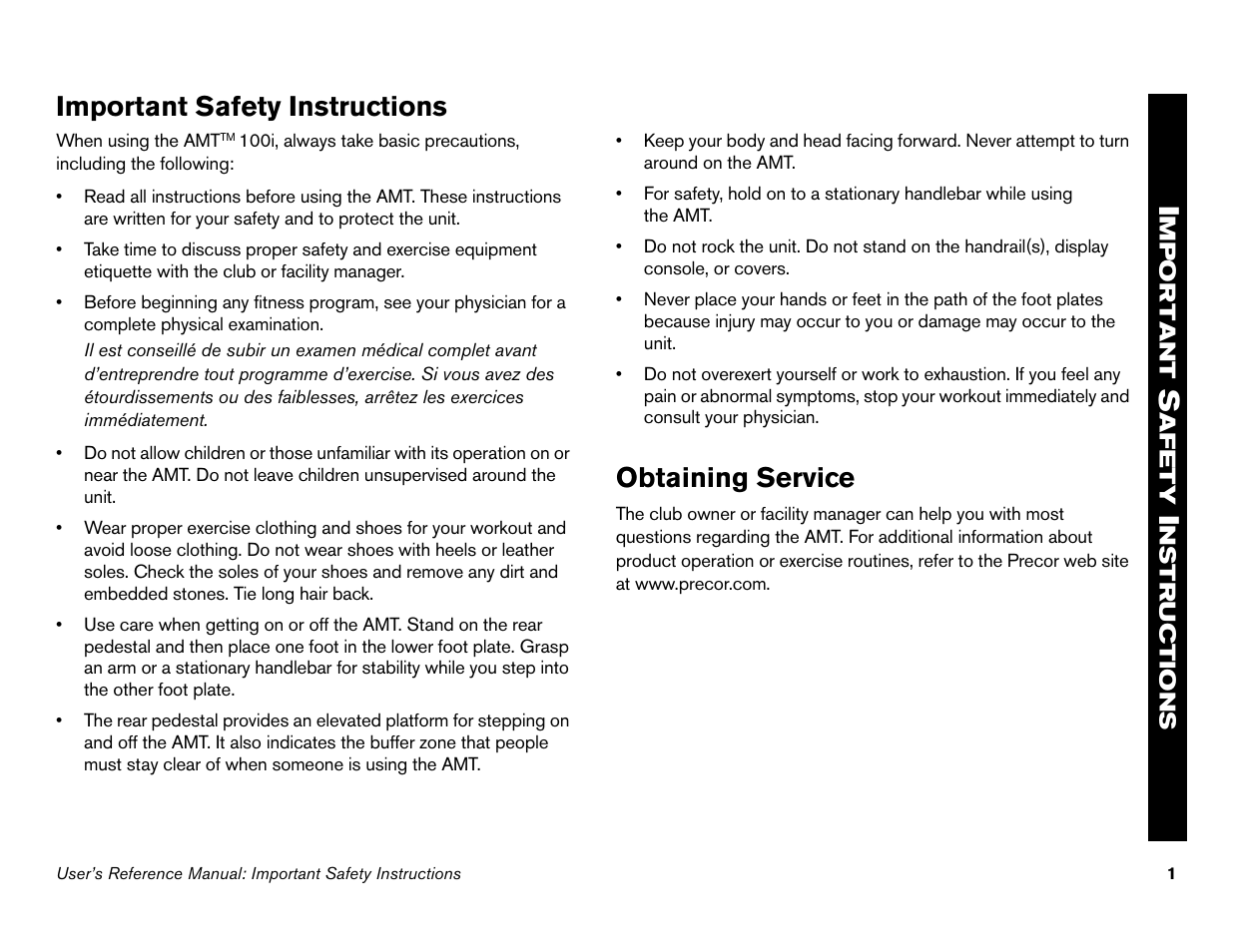 Important safety instructions, Obtaining service | Precor Commercial Adaptive Motion Trainer C100i User Manual | Page 3 / 36
