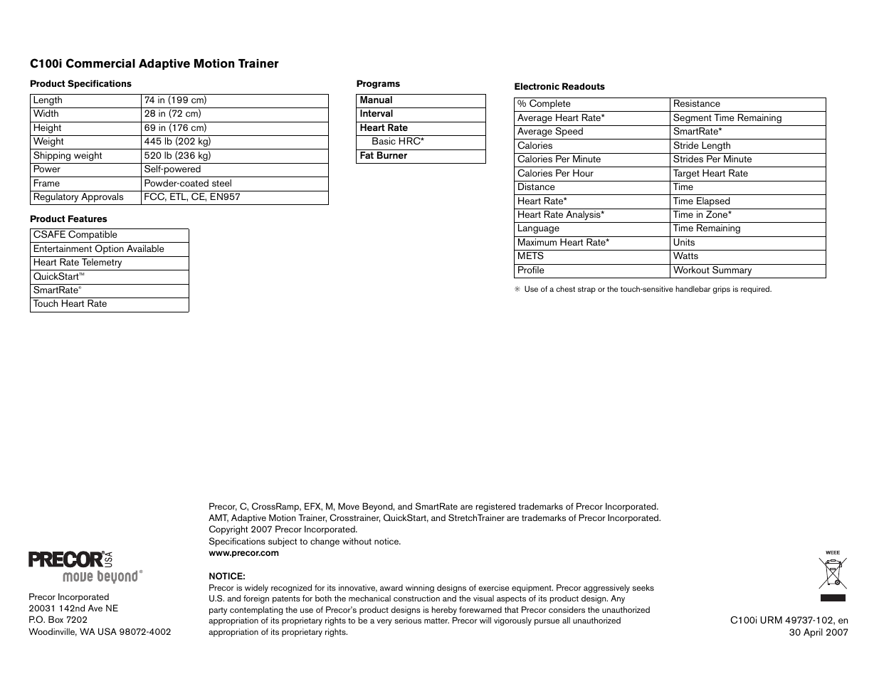 Precor Commercial Adaptive Motion Trainer C100i User Manual | Page 36 / 36