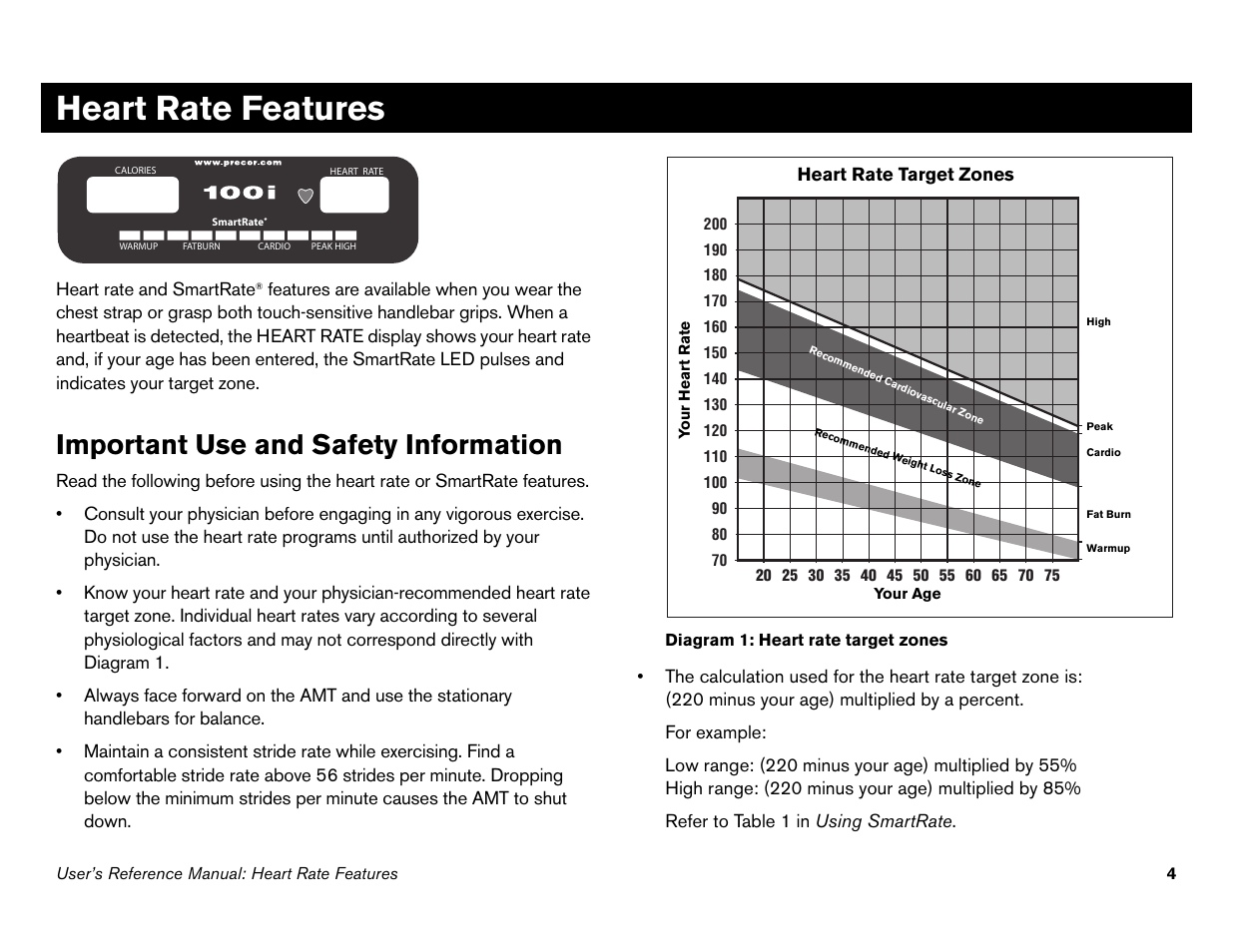 Heart rate features, Important use and safety information | Precor Commercial Adaptive Motion Trainer C100i User Manual | Page 6 / 36