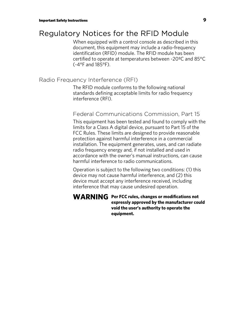 Regulatory notices for the rfid module, Radio frequency interference (rfi), Warning | Precor AMT 835 User Manual | Page 11 / 100