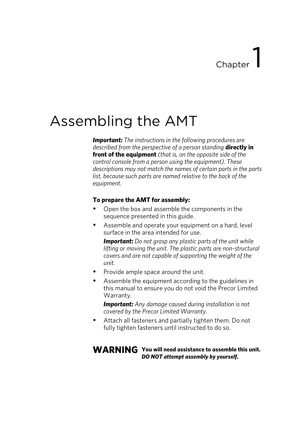 Assembling the amt, Warning | Precor AMT 835 User Manual | Page 19 / 100