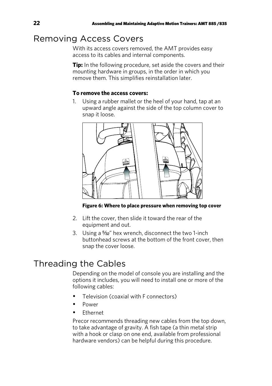 Removing access covers, Threading the cables | Precor AMT 835 User Manual | Page 24 / 100