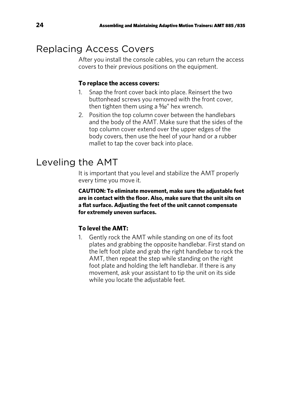 Replacing access covers, Leveling the amt | Precor AMT 835 User Manual | Page 26 / 100