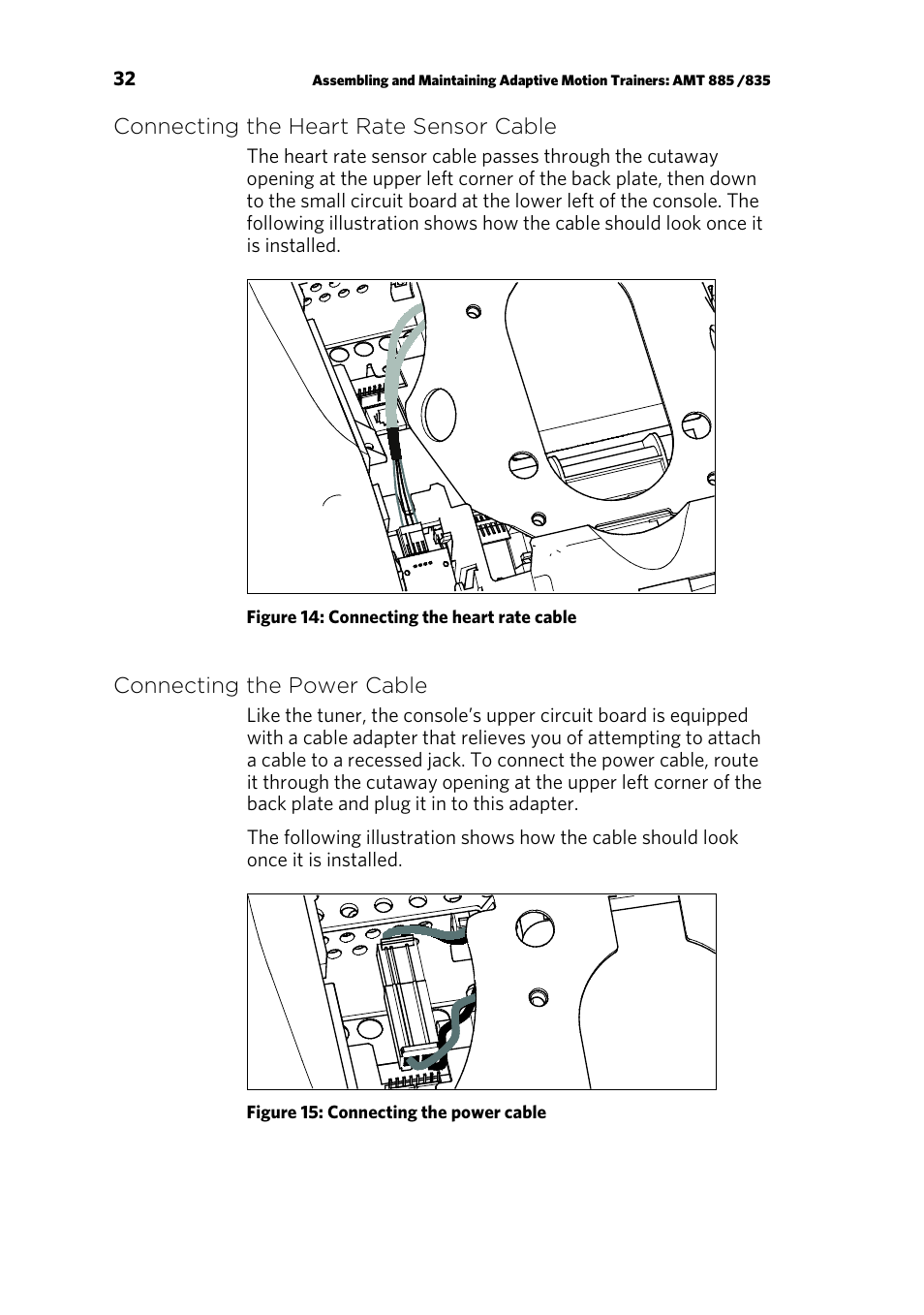 Connecting the heart rate sensor cable, Connecting the power cable | Precor AMT 835 User Manual | Page 34 / 100