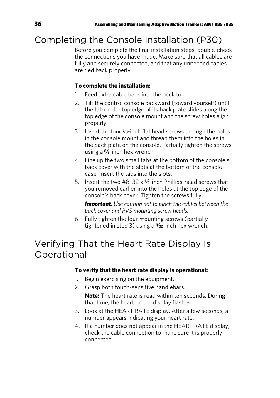 Completing the console installation (p30) | Precor AMT 835 User Manual | Page 38 / 100