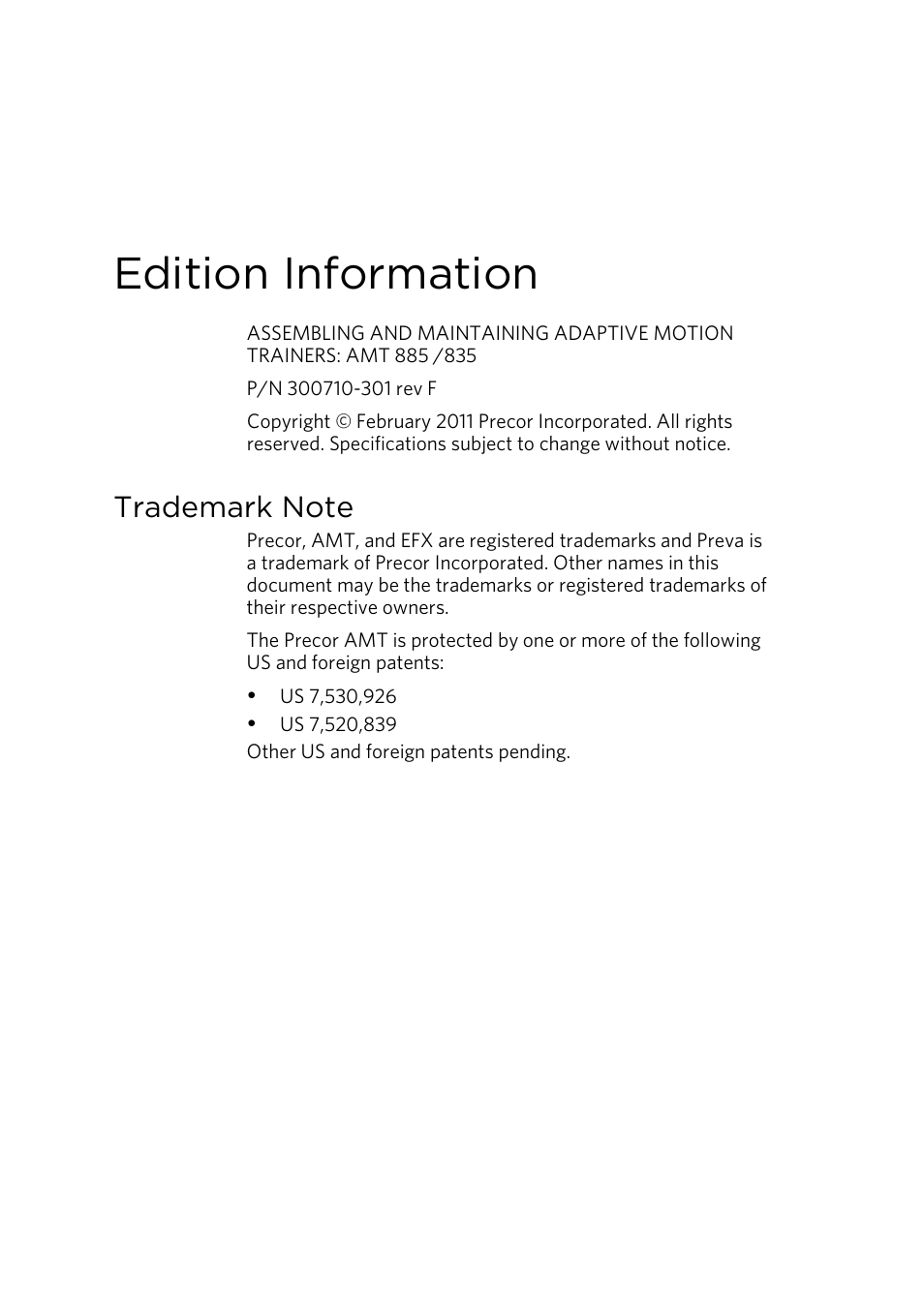 Edition information | Precor AMT 835 User Manual | Page 4 / 100