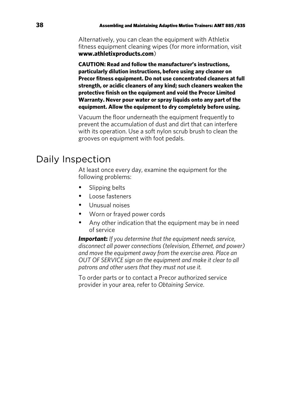 Daily inspection | Precor AMT 835 User Manual | Page 40 / 100