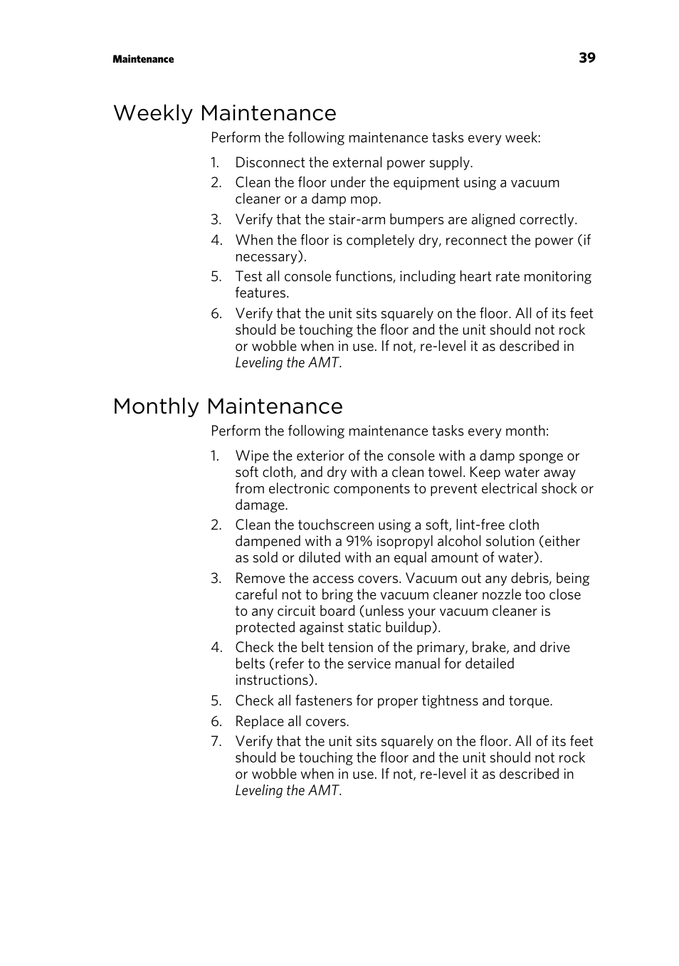 Weekly maintenance, Monthly maintenance | Precor AMT 835 User Manual | Page 41 / 100