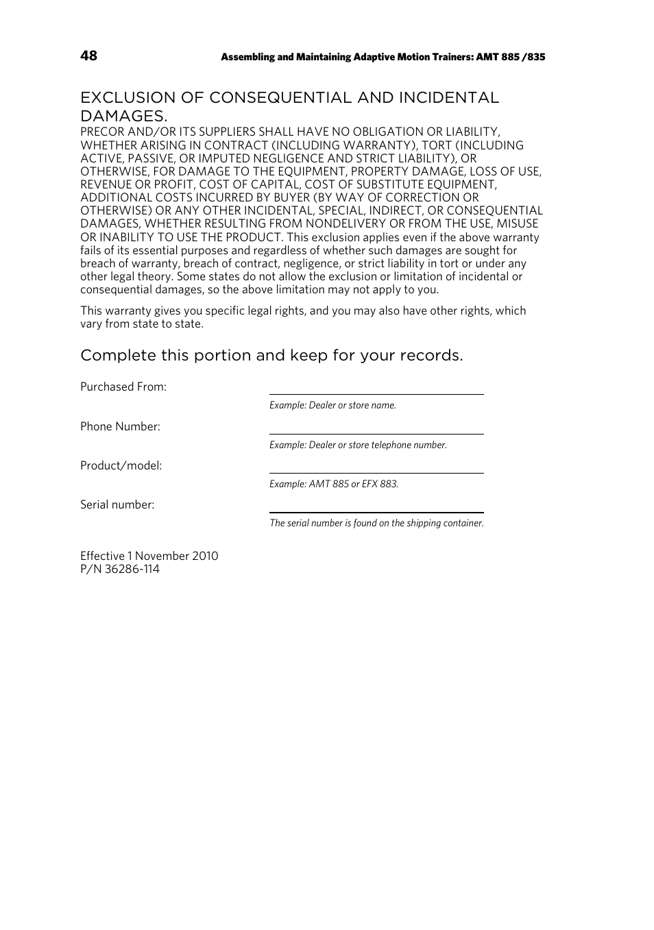 Exclusion of consequential and incidental damages, Complete this portion and keep for your records | Precor AMT 835 User Manual | Page 50 / 100
