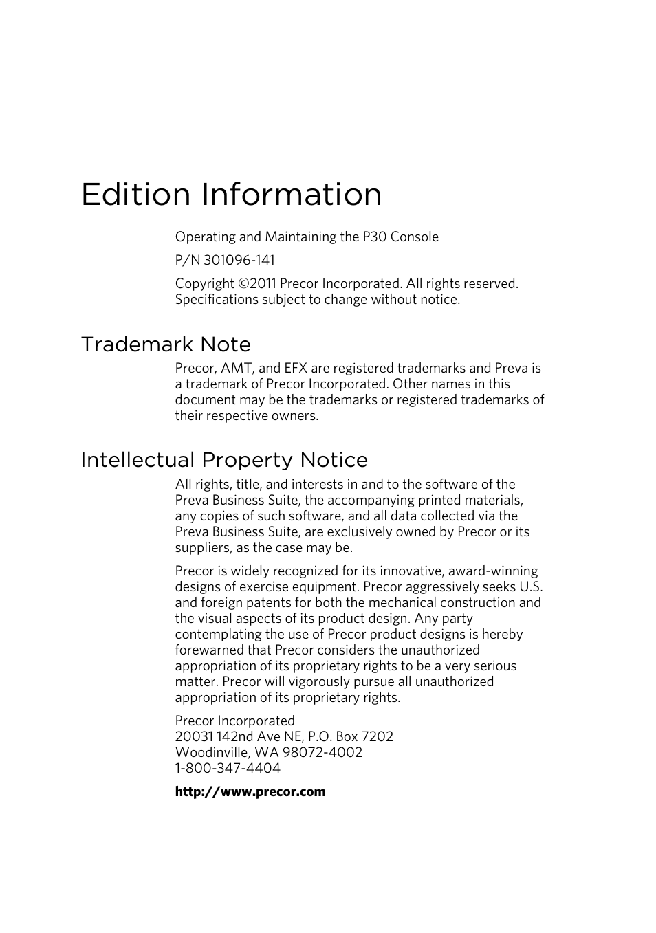 Edition information, Intellectual property notice | Precor AMT 835 User Manual | Page 56 / 100