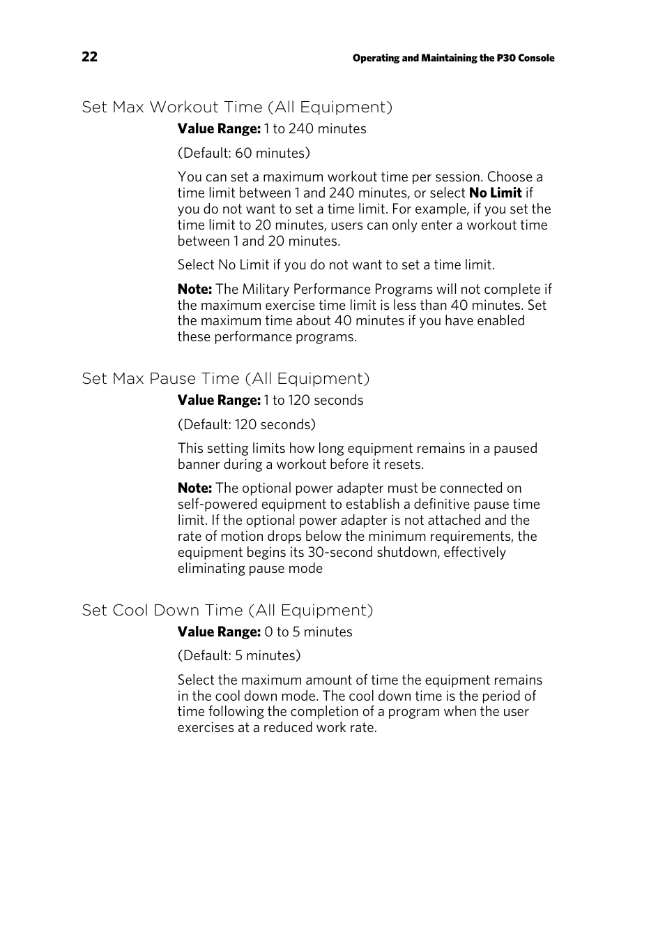 Set max workout time (all equipment), Set max pause time (all equipment), Set cool down time (all equipment) | Precor AMT 835 User Manual | Page 76 / 100