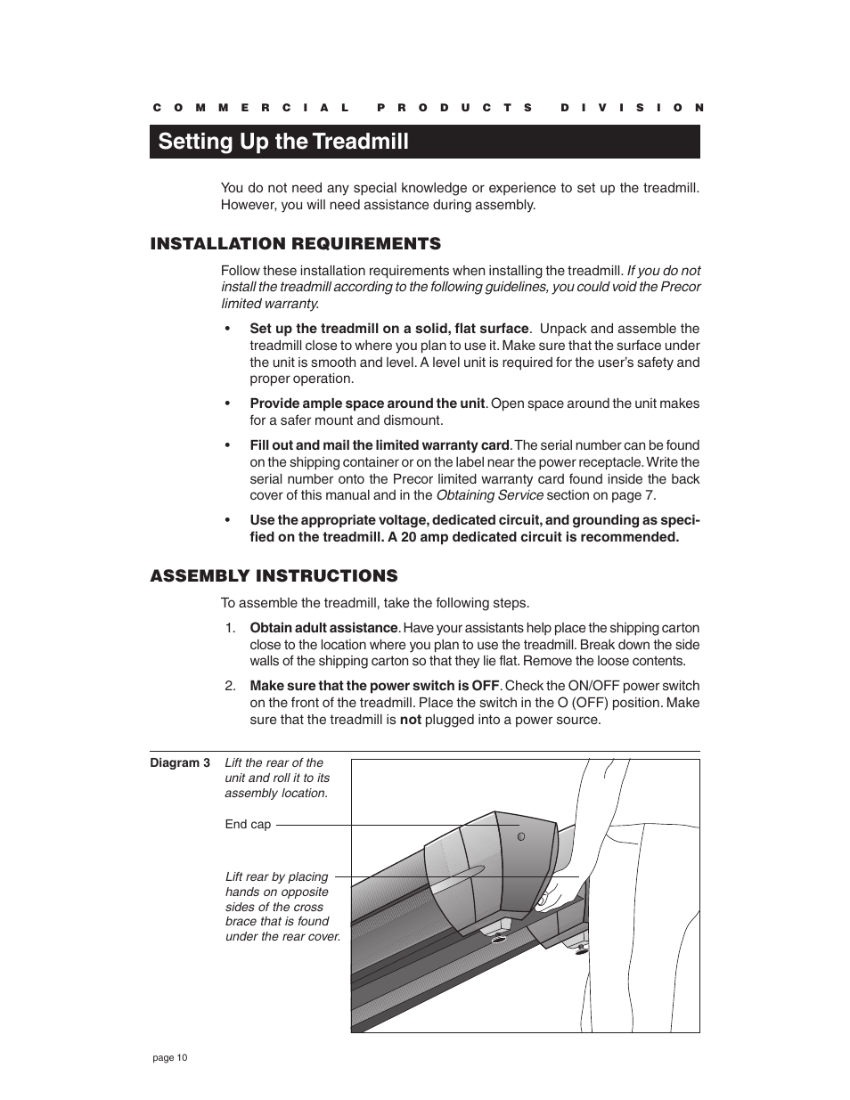 Setting up the treadmill, Installation requirements, Assembly instructions | Precor C932 User Manual | Page 10 / 60