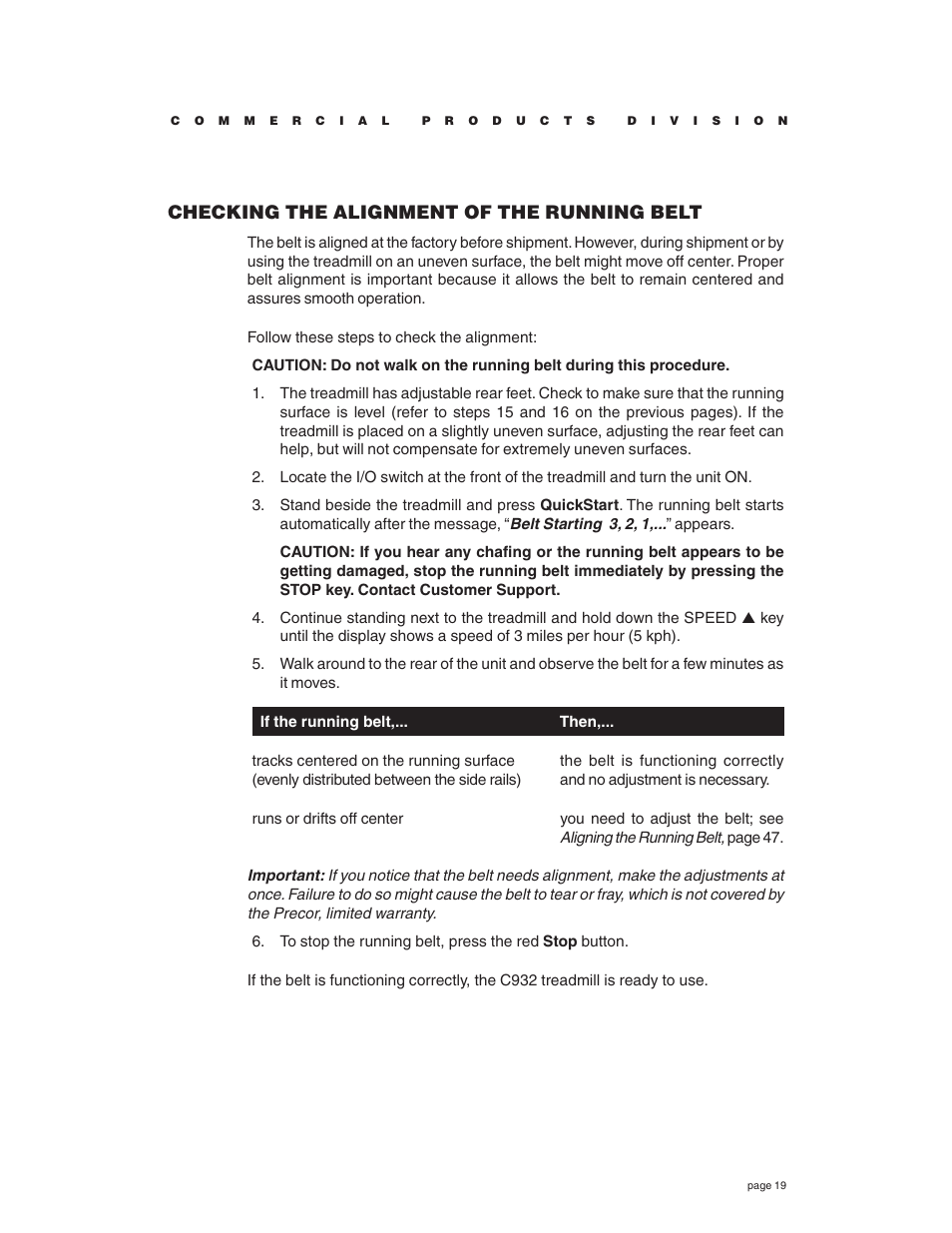 Checking the alignment of the running belt | Precor C932 User Manual | Page 19 / 60