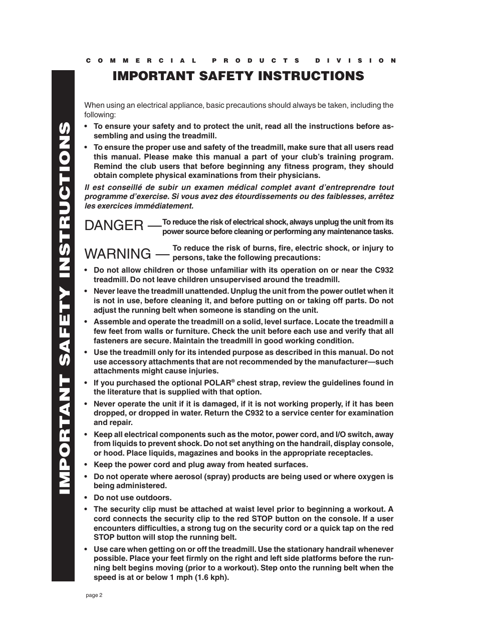 Important safety instructions, Impor t ant safety instructions, Danger — warning | Precor C932 User Manual | Page 2 / 60