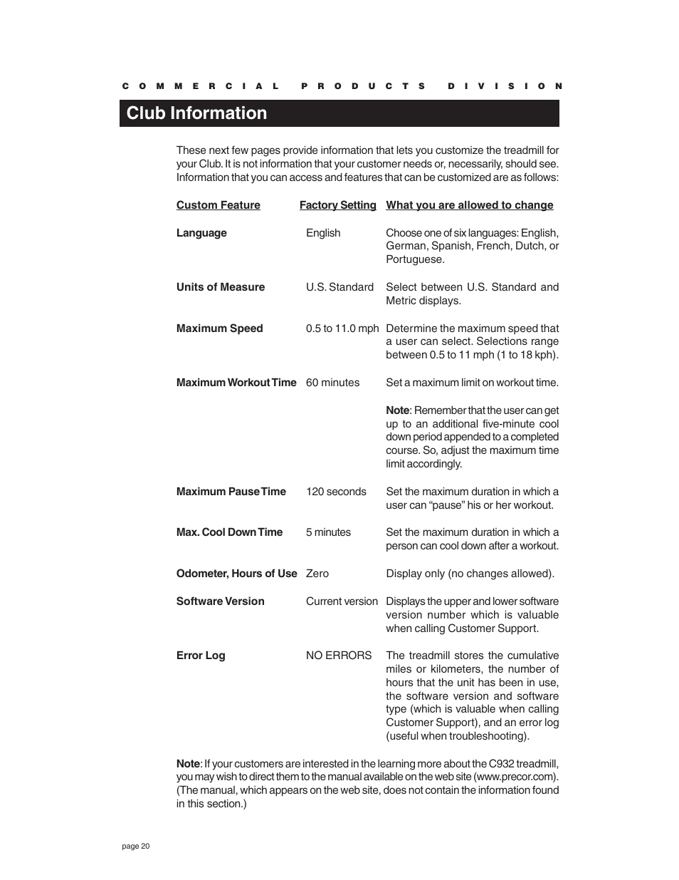 Club information | Precor C932 User Manual | Page 20 / 60