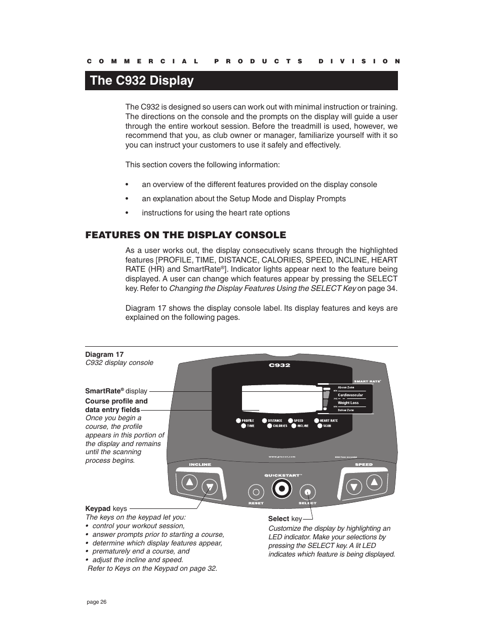 The c932 display, Features on the display console | Precor C932 User Manual | Page 26 / 60