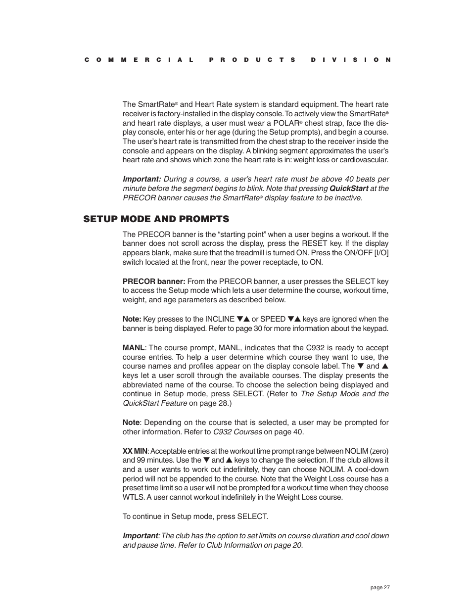 Setup mode and prompts | Precor C932 User Manual | Page 27 / 60