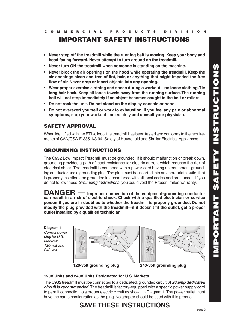 Safety approval, Grounding instructions, Impor t ant safety instructions | Danger, Save these instructions, Important safety instructions | Precor C932 User Manual | Page 3 / 60
